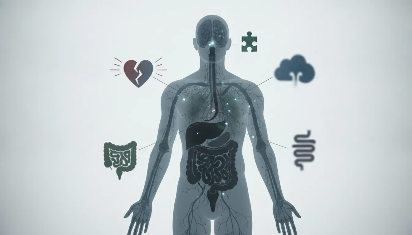 Human body diagram showing the digestive system, brain, and heart alongside semaglutide long-term side effects.