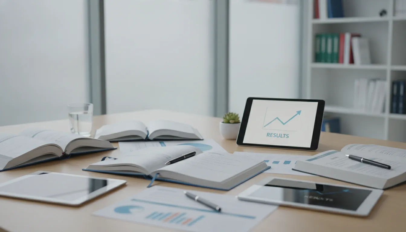 Tablet displaying a results graph beside books, reports, and pens for semaglutide reviews.
