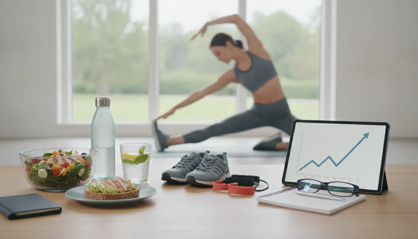 Healthy meal, water, sneakers, and fitness tracker with woman stretching for sustainable weight management.