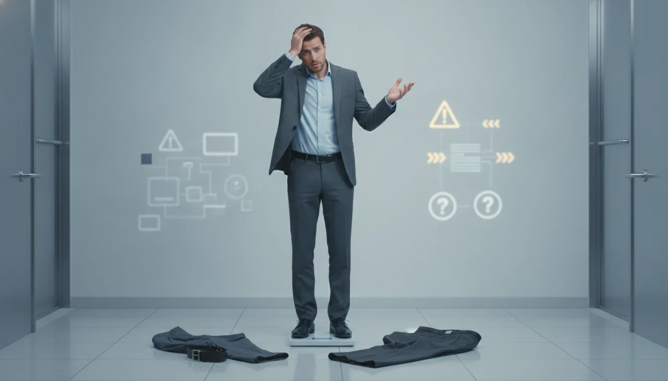 Confused man in business attire on a scale with clothes on the floor, suggesting unexplained weight loss.