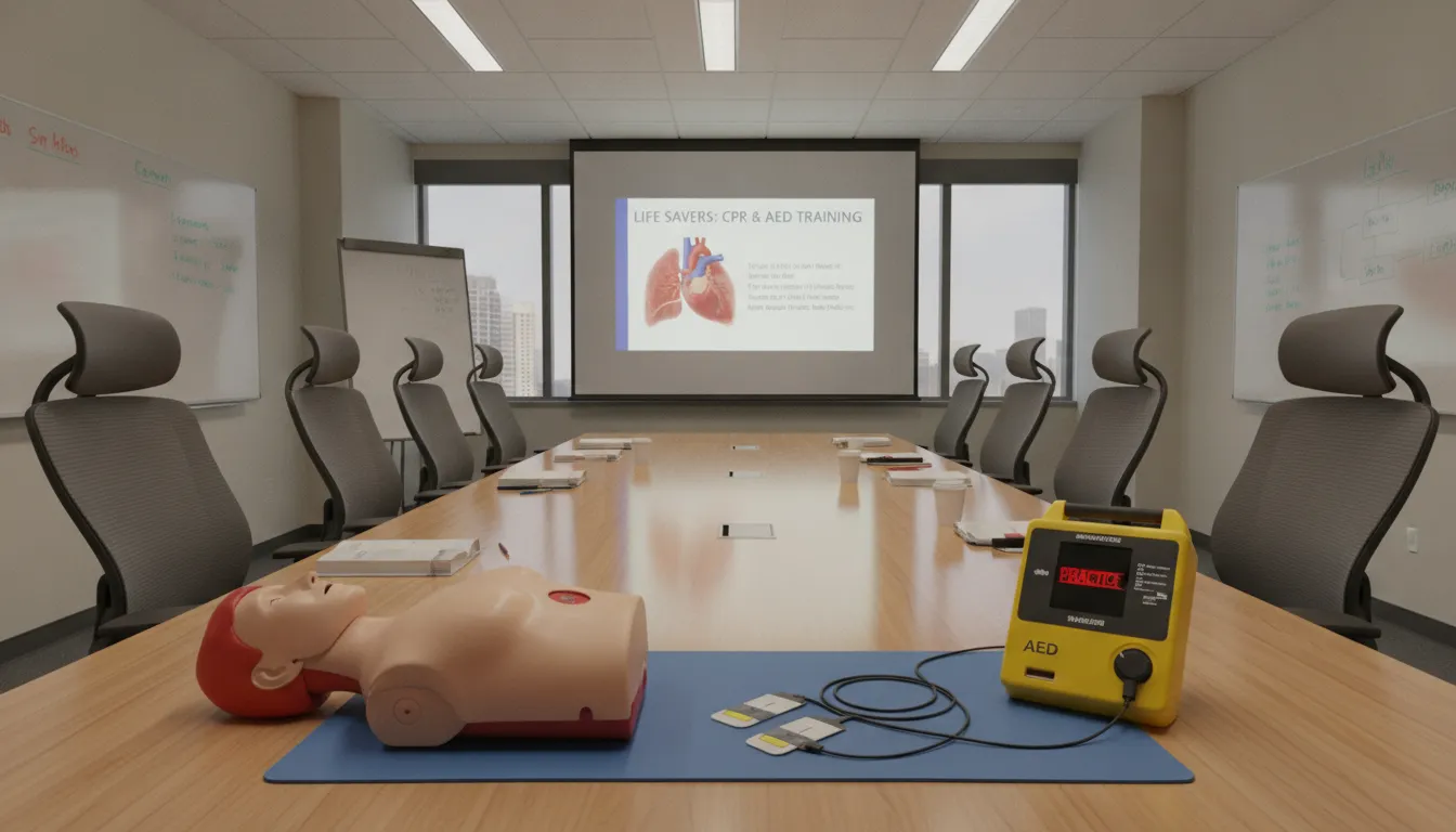 CPR training kit with chest manikin and AED training pads on a desk