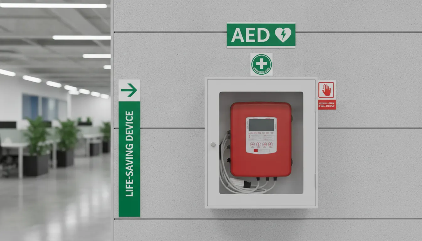 Automated external defibrillator AED stored in a wall-mounted metal cabinet inside an office