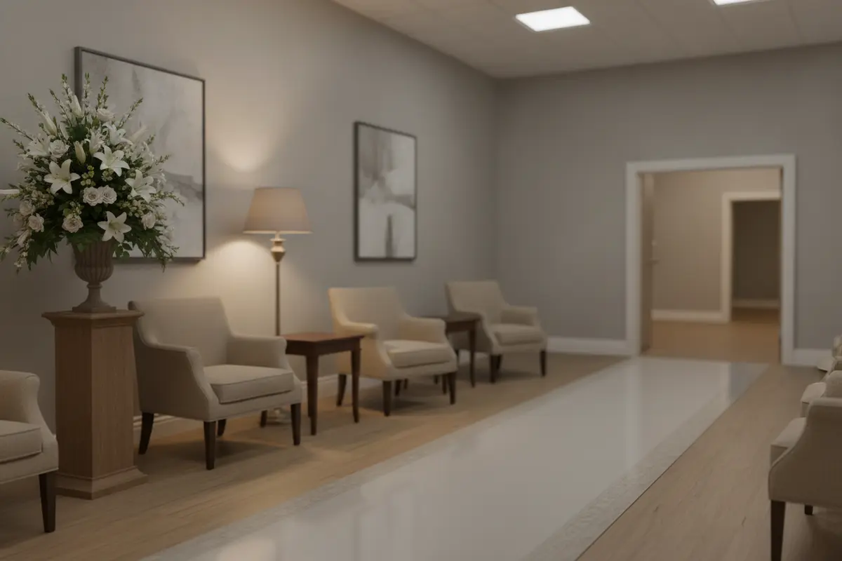 A floor lamp positioned beside seating in a funeral home visitation room