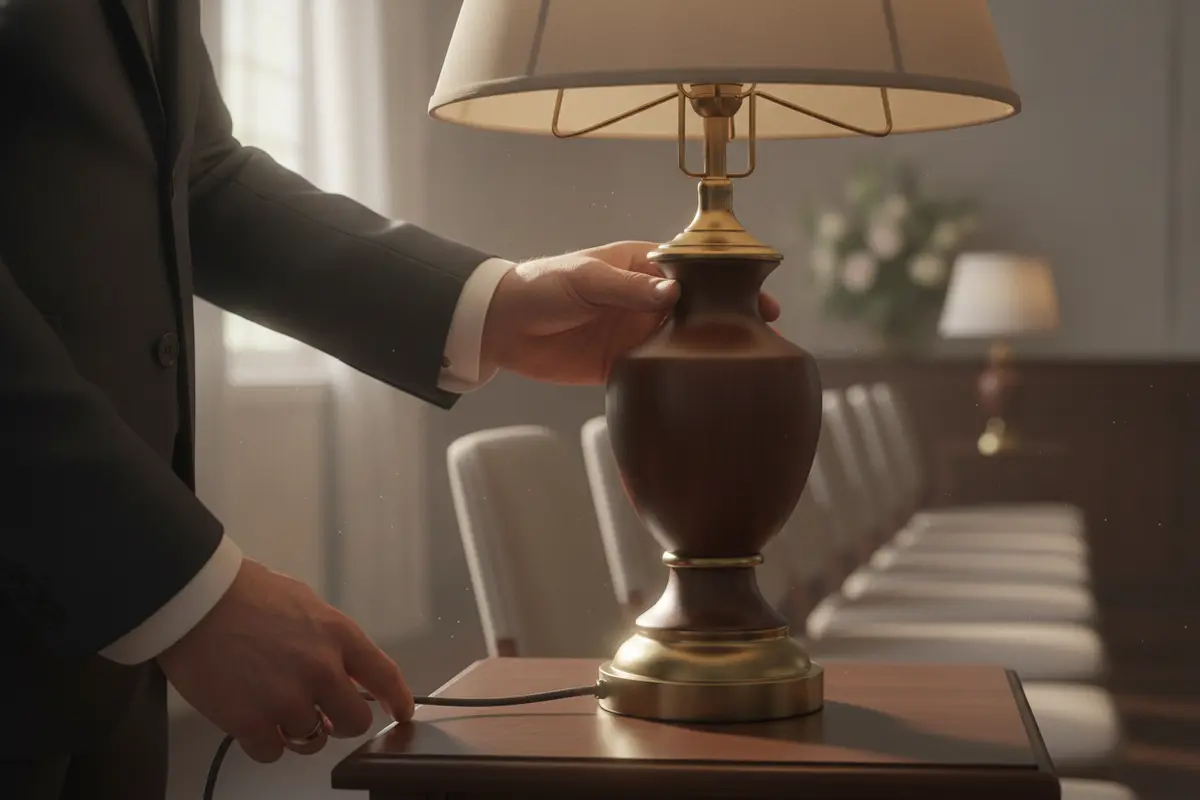 A lamp base and cord being checked beside funeral home seating