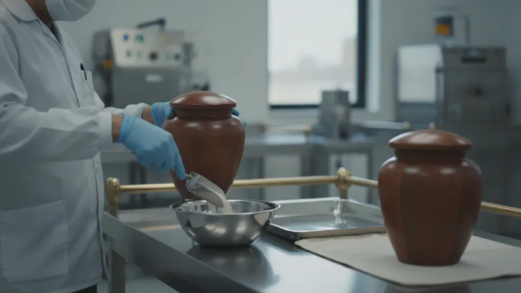 Crematory operator transferring material into an urn at a processing workstation