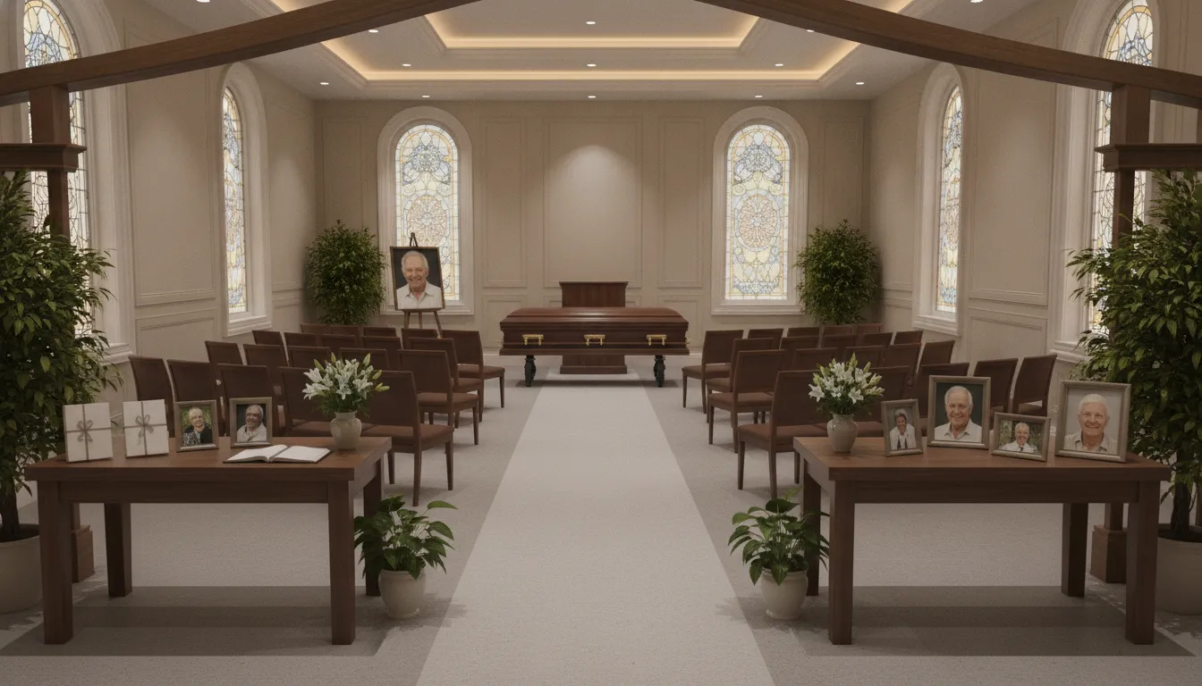 Accessible funeral home service flow with tribute zones and clear aisle