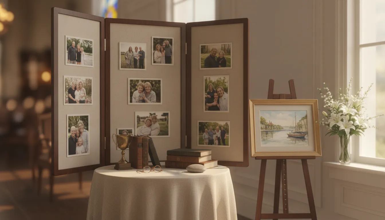Freestanding memory board and keepsakes arranged for a funeral home celebration of life