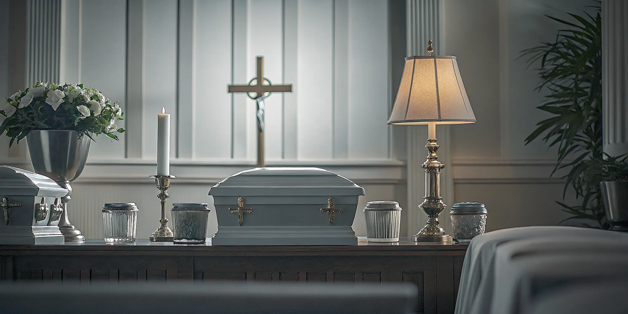Organized ceremonial vessels and chapel lamp ready for a funeral service