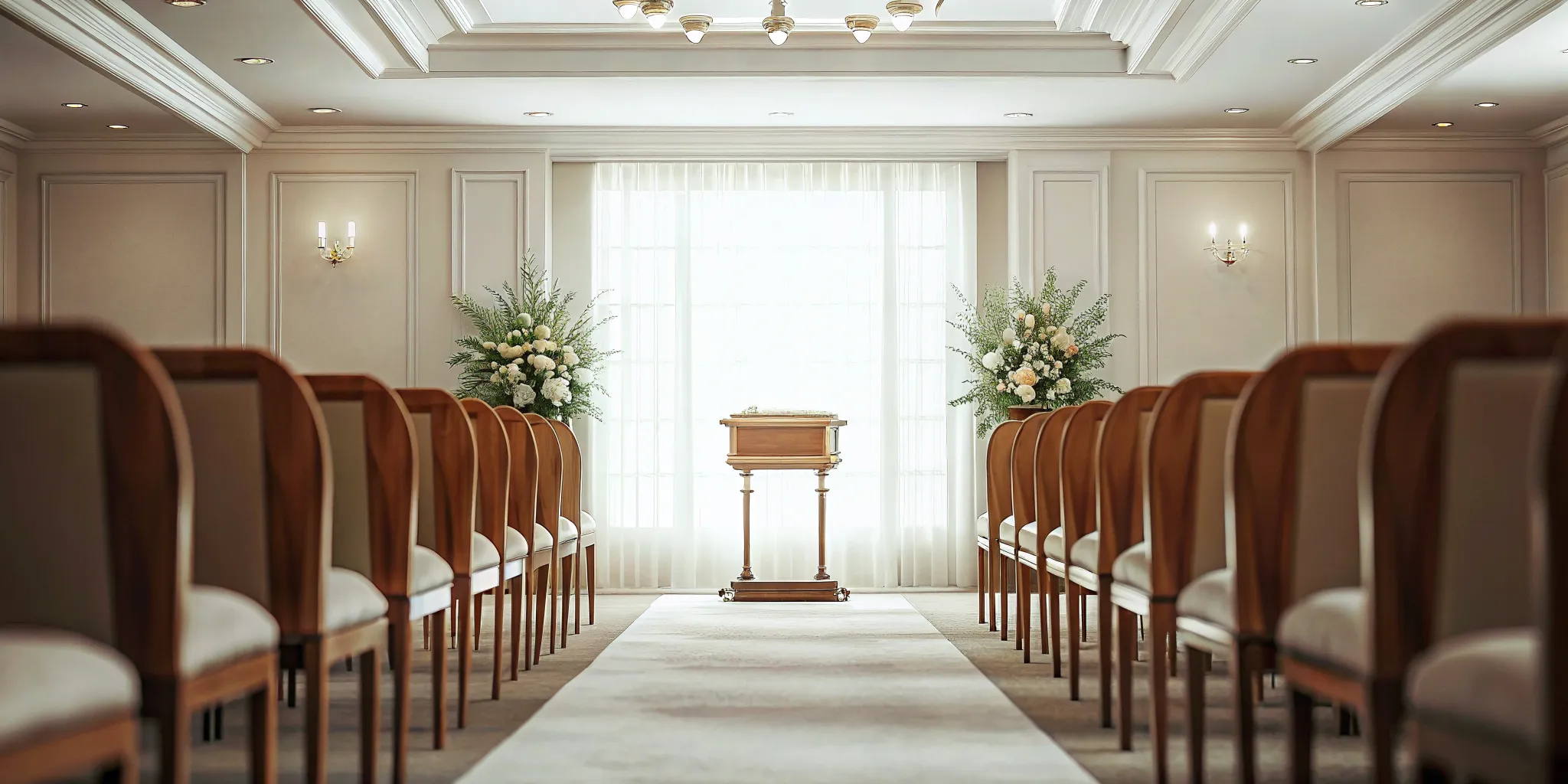 Warm balanced lighting and clear aisles in a prepared funeral chapel