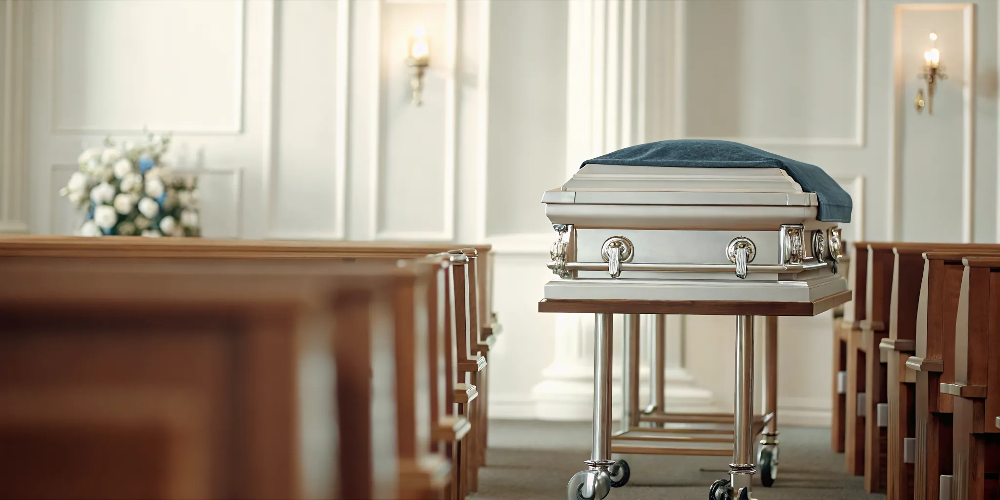 Church truck fitted with a dark blue drape in a funeral home chapel
