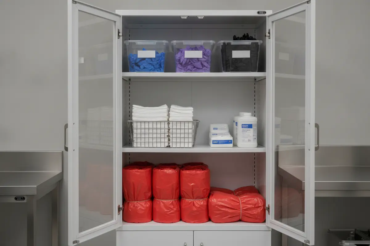Clearly organized protective gloves, boot covers, and disposal supplies in a clean forensic work area