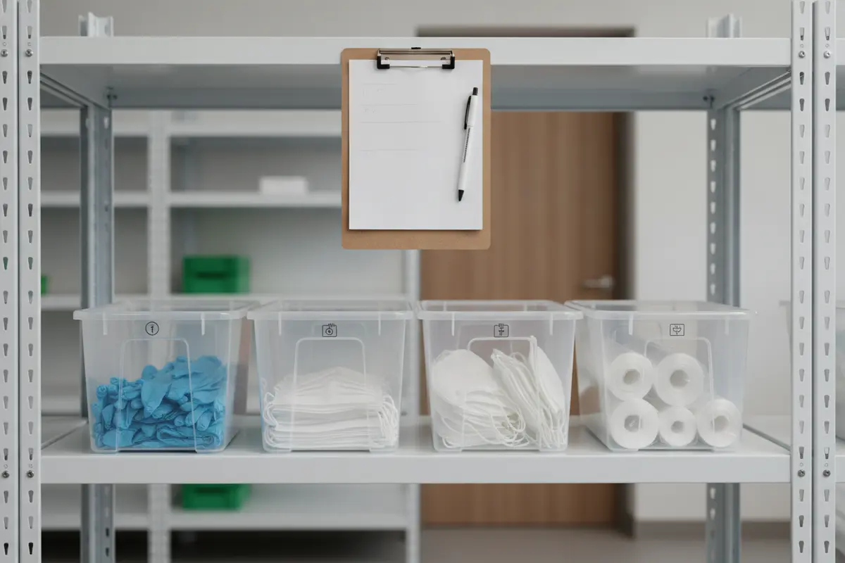 Clearly organized safety supply shelves with labeled bins and a visible stock-check sheet