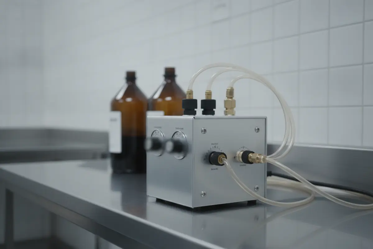 Close view of embalming pump controls and fluid connections