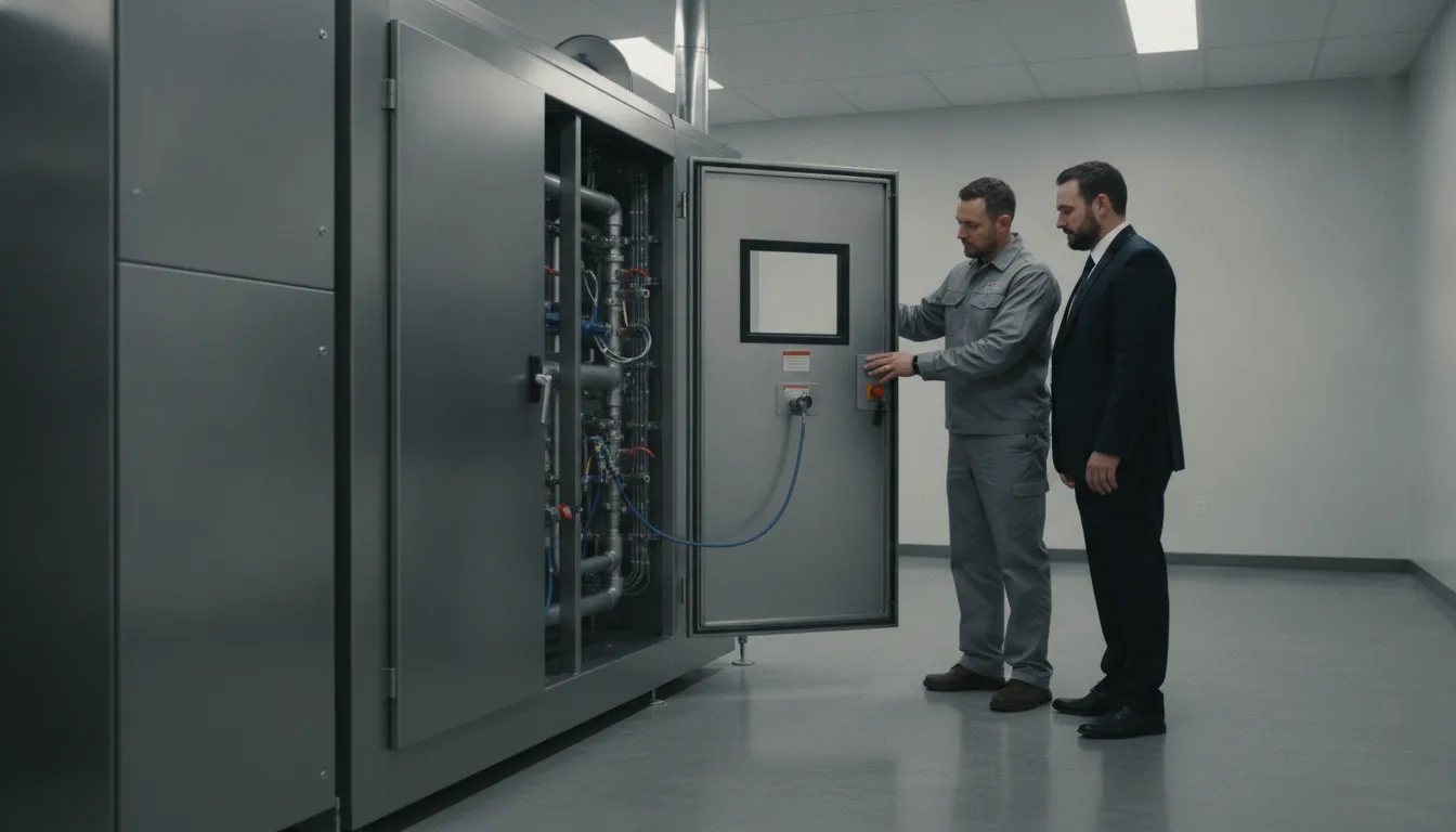 Advisor and operator reviewing cremator maintenance access
