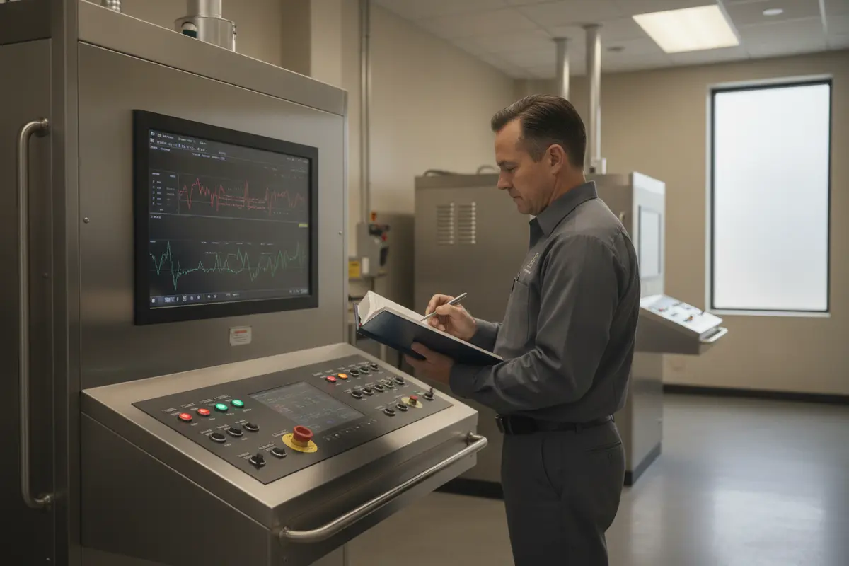 Crematory operator documenting equipment readings during a routine check