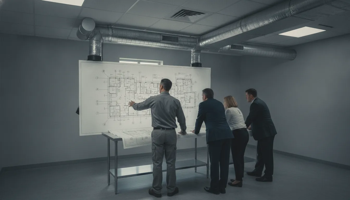 Professionals reviewing an embalming room airflow plan