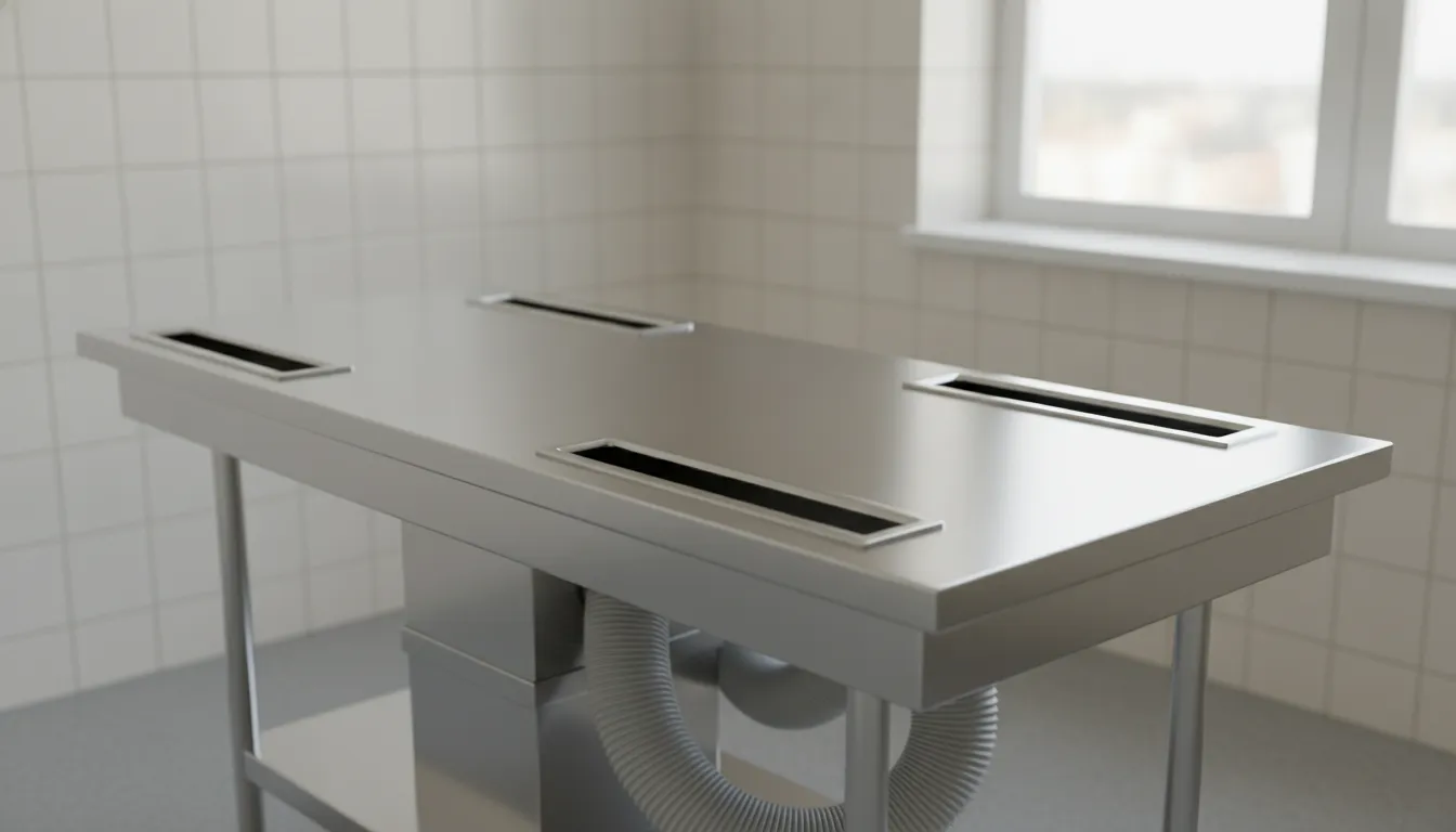 Local exhaust hoods beside a stainless steel embalming table