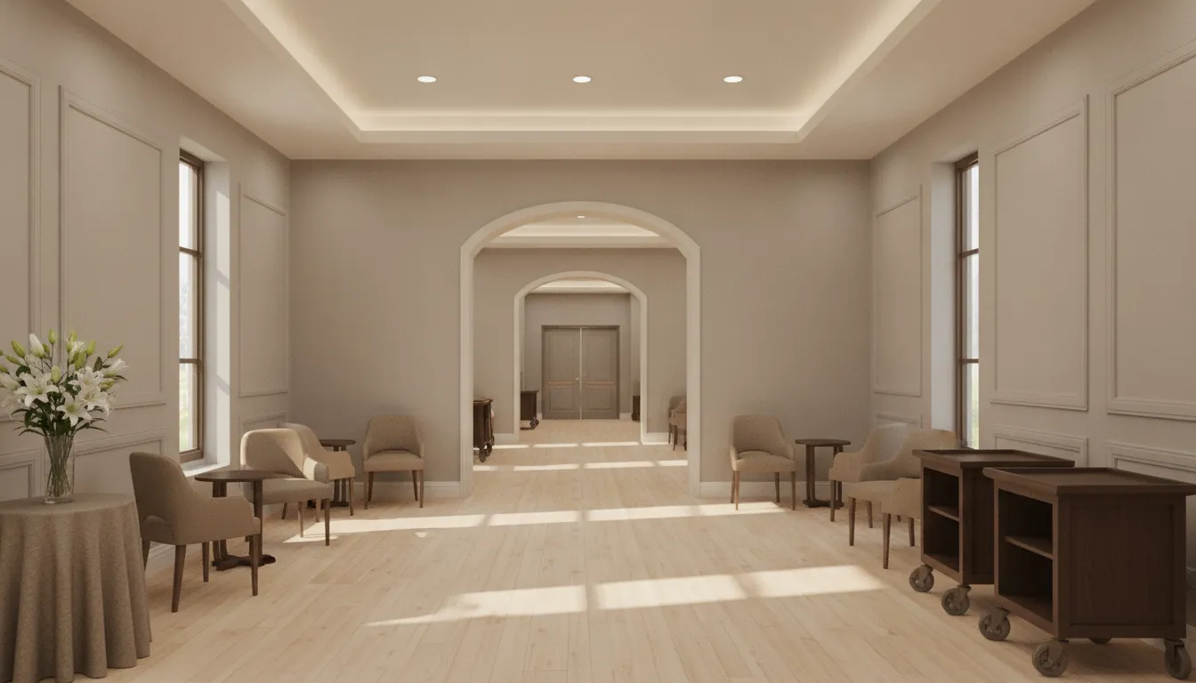 Funeral home interior showing a considered connection between visitor and operational spaces