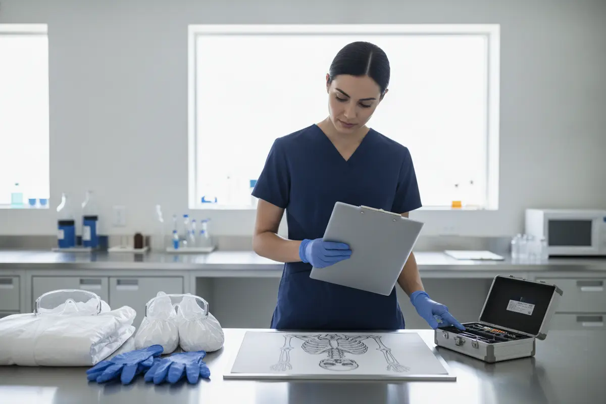 Forensic worker checking task-specific protective equipment against a written work plan