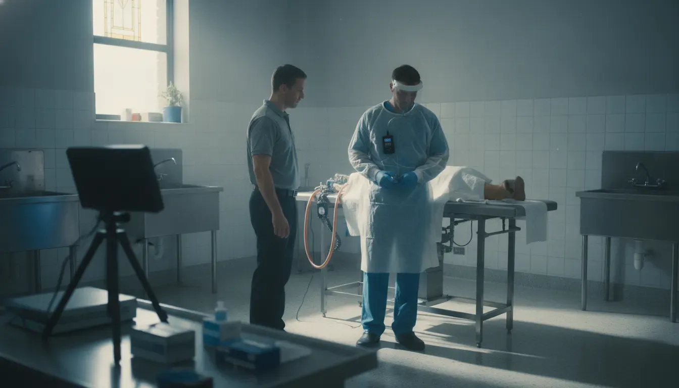Worker wearing an exposure sampling badge during preparation-room work
