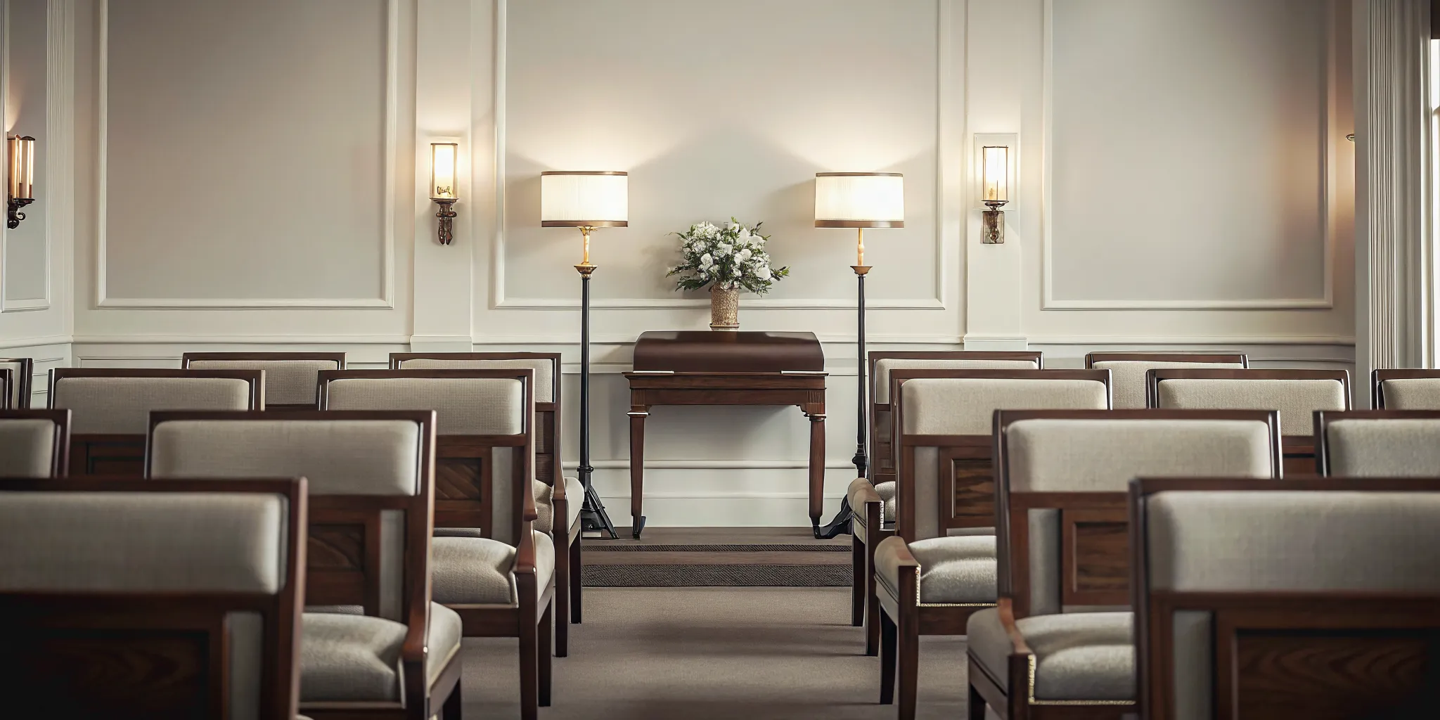 Funeral home furniture arranged in a coordinated chapel