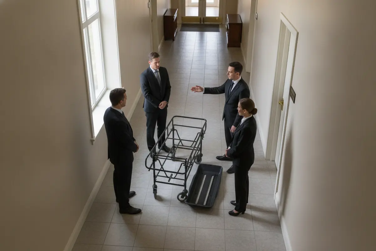 Funeral home team planning a transfer route with a cot and sled