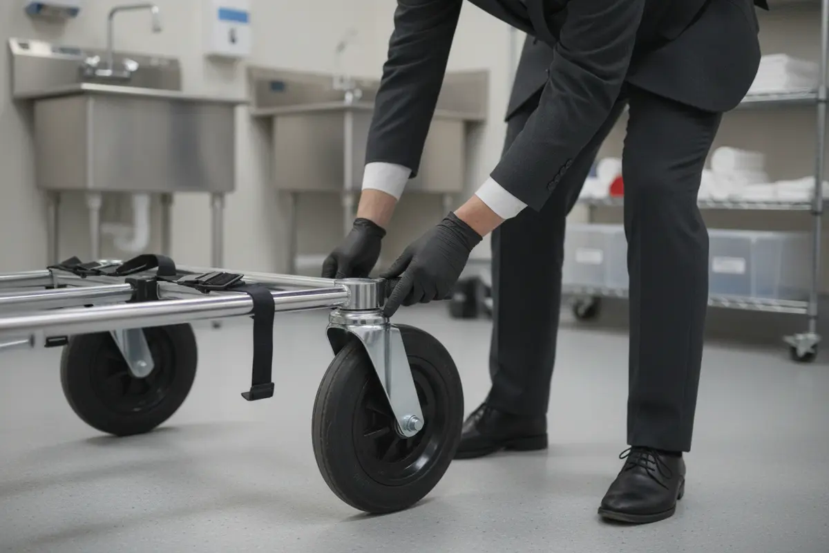 Funeral home worker inspecting transport equipment before use