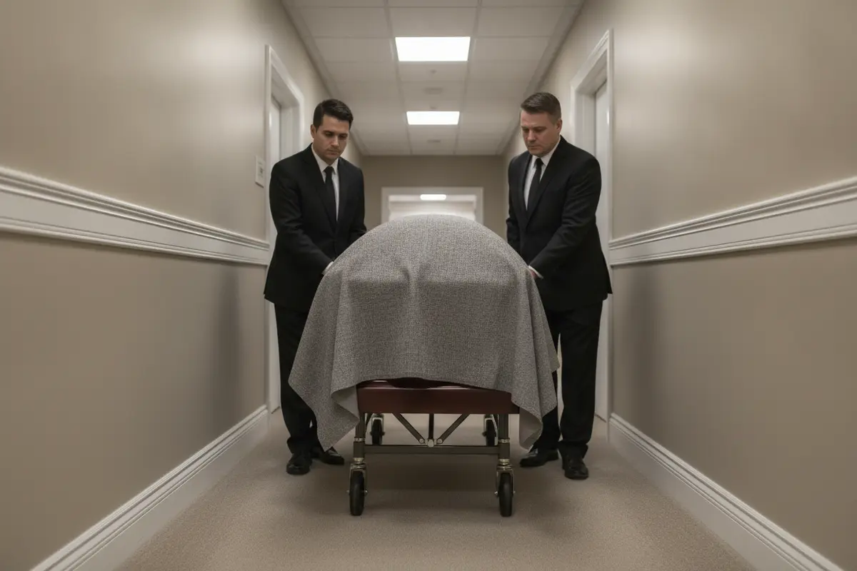Funeral professionals guiding a covered casket through a funeral home corridor