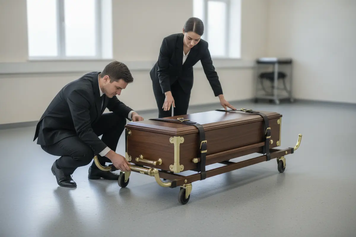 Funeral service professionals inspecting an empty transfer sled and its handling features