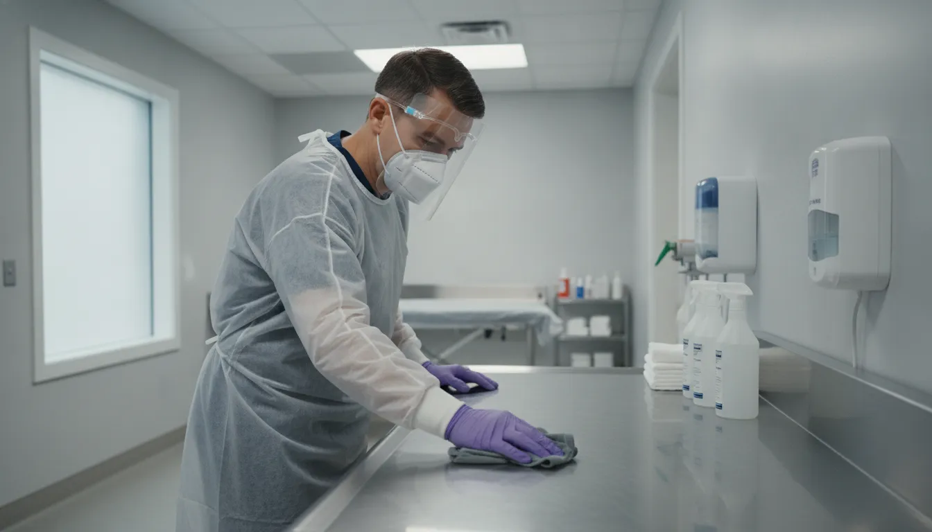 Funeral home worker wearing protective equipment while cleaning a preparation-room surface