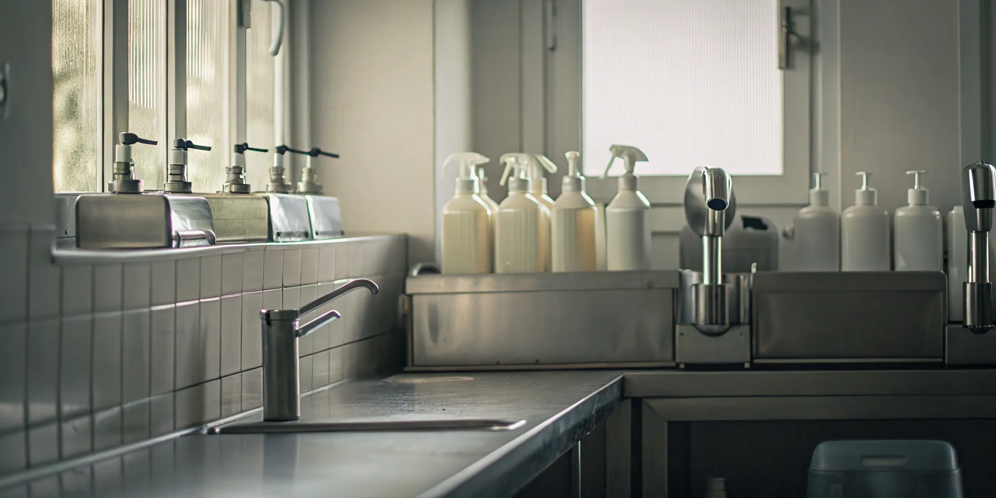 Funeral home disinfectants and cleaning supplies arranged on a stainless steel preparation room counter