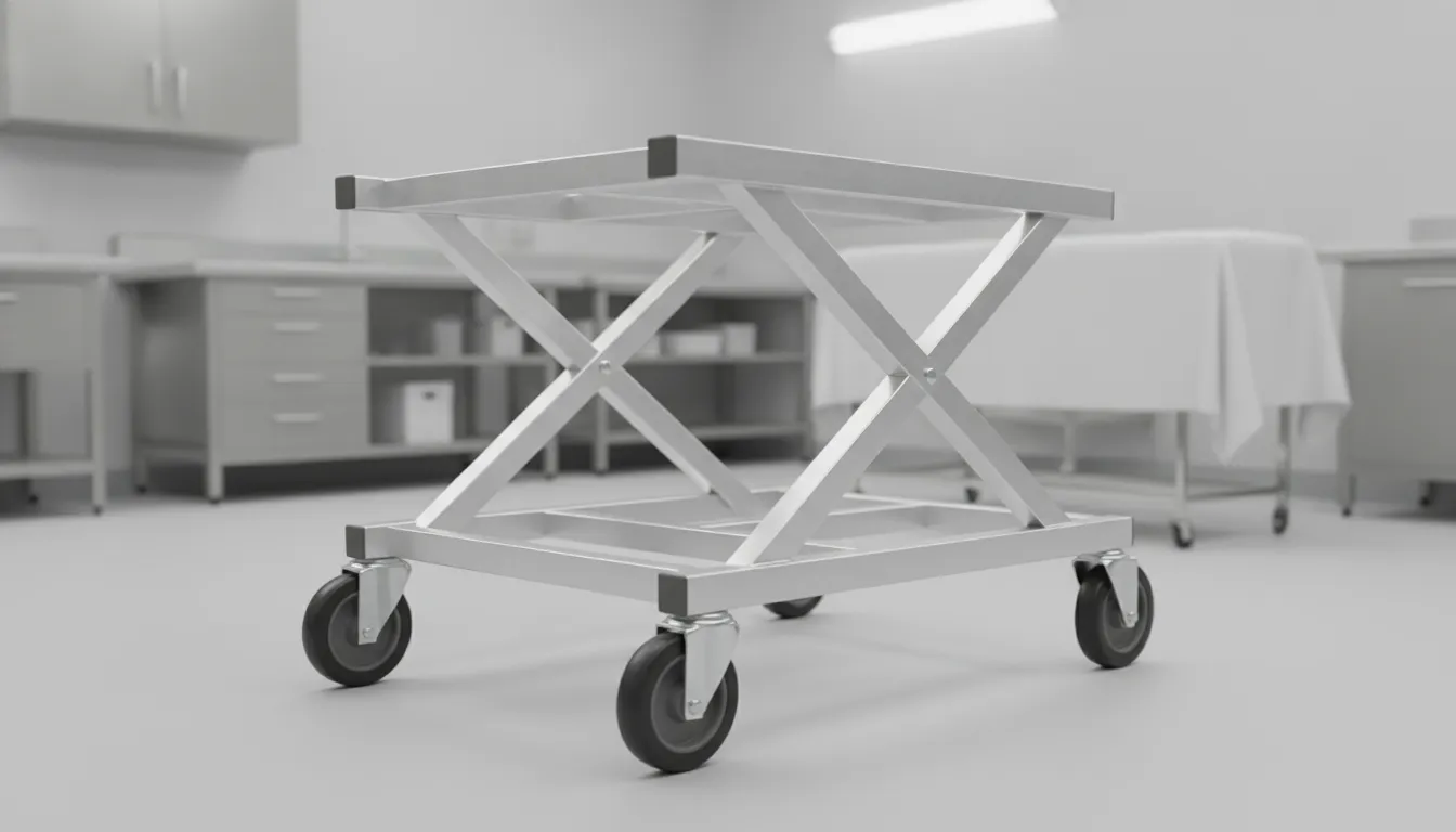 Close-up of a foldable aluminum X-frame church truck with caster wheels in a funeral home prep room