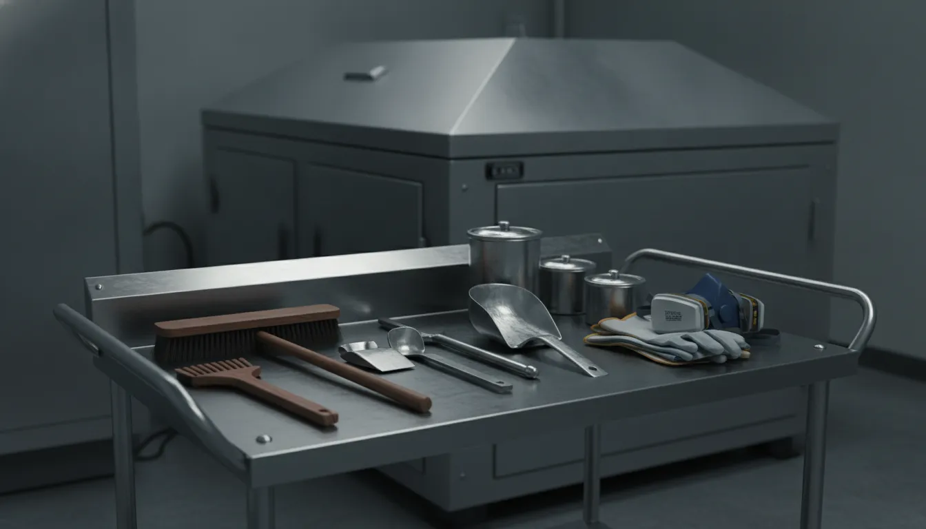 Cremation chamber cleaning tools arranged beside a cooled cremator