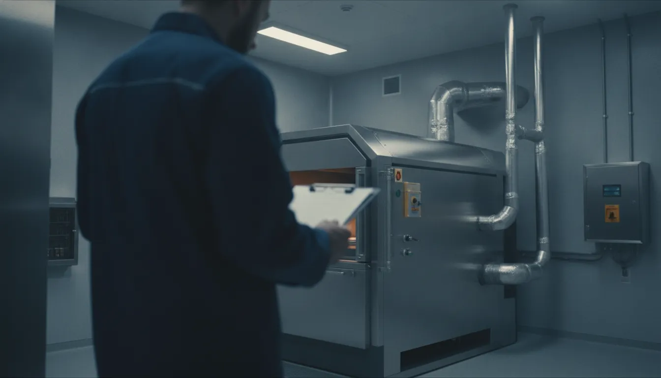 Operator documenting cremation chamber cleaning near a cooled cremator