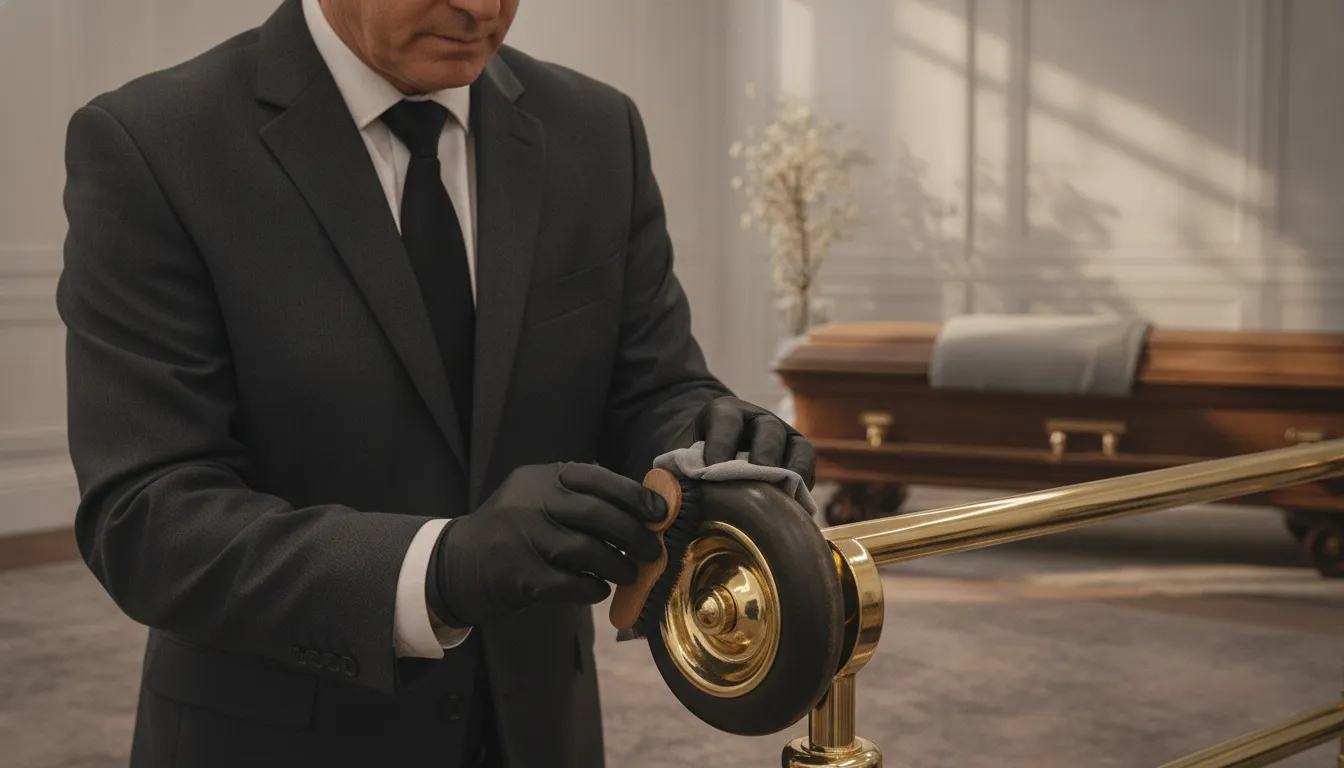 A funeral director inspecting and cleaning the caster wheel of a wheeled church truck