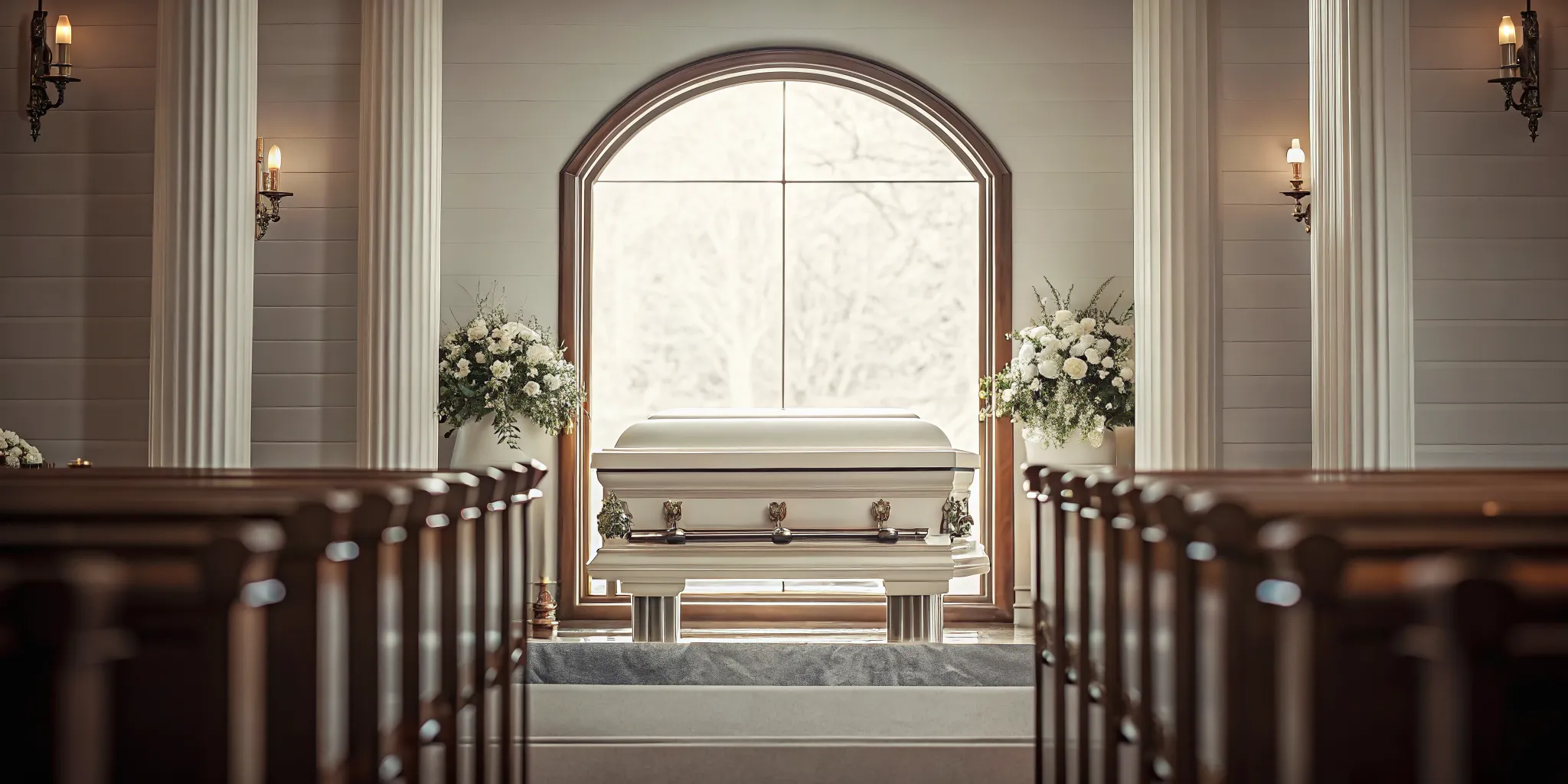 Polished casket bier positioned in a professional funeral home chapel