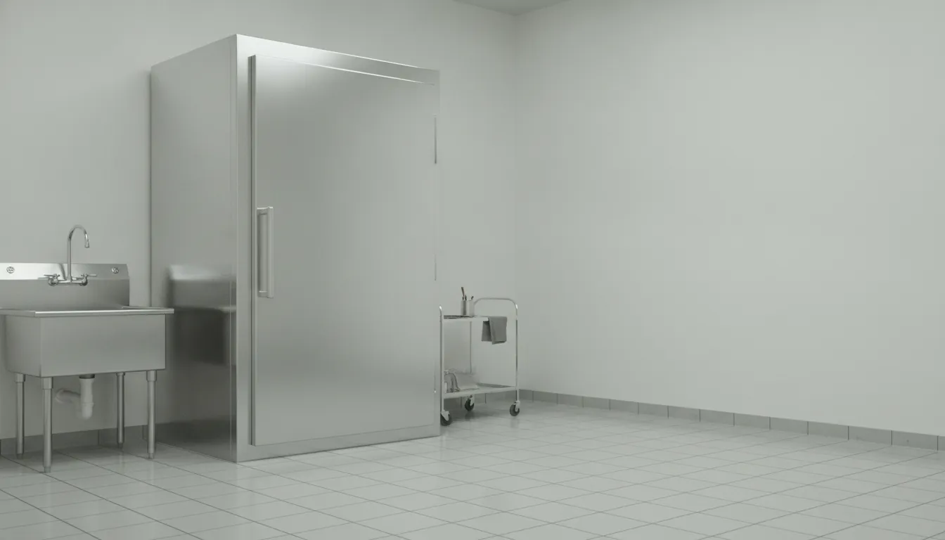 Tall stainless cooler cabinet standing near the ceiling of a preparation room