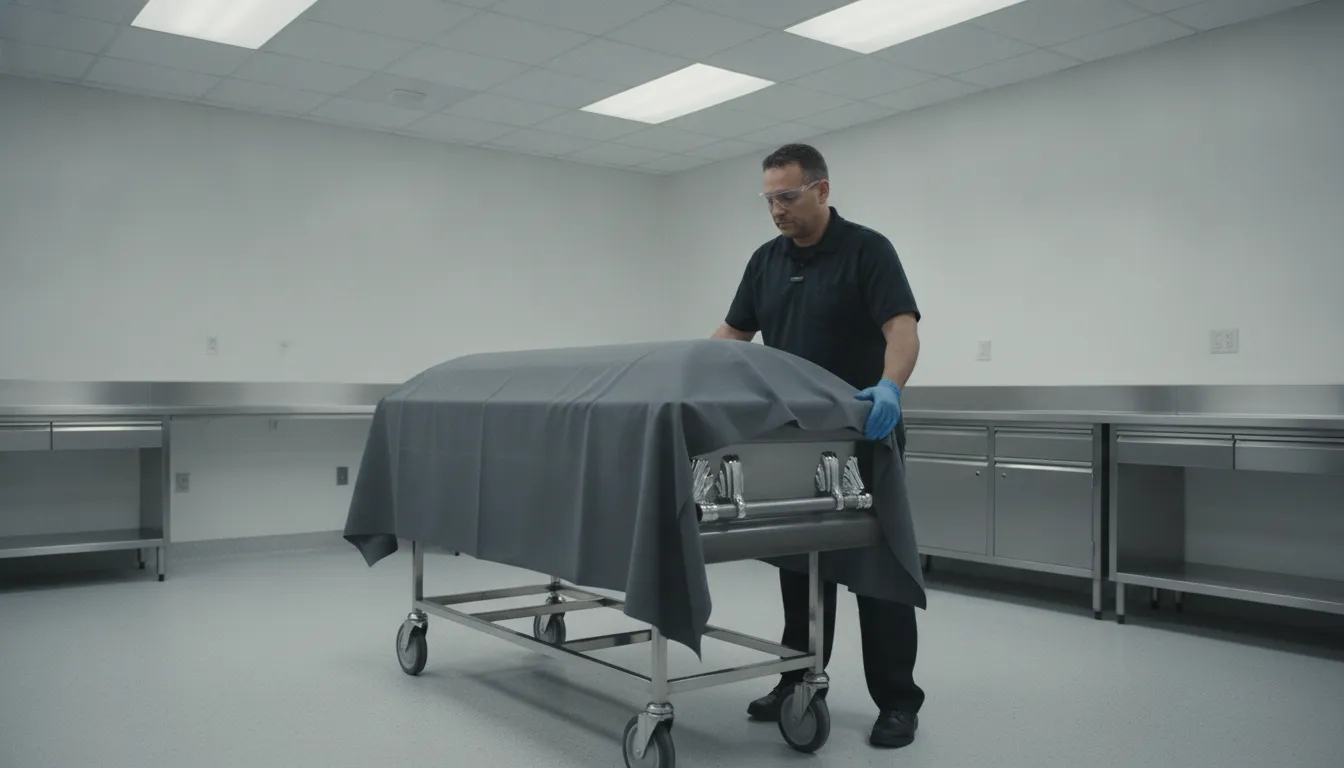 Funeral home preparation room arranged for safer workflow controls