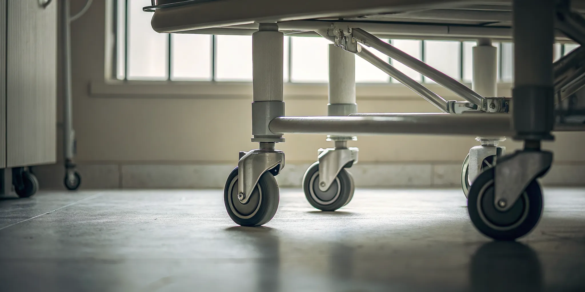 Mortuary cot wheels restraints and frame ready for inspection