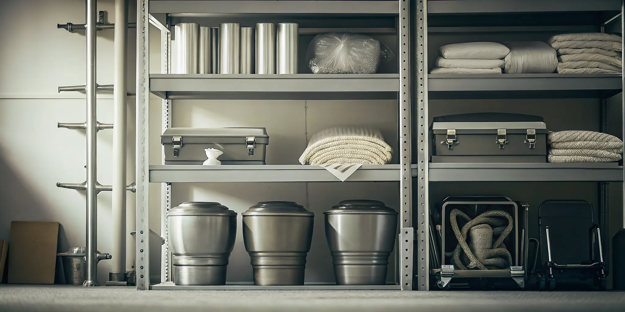 Organized cremation supplies and handling equipment in a professional workspace