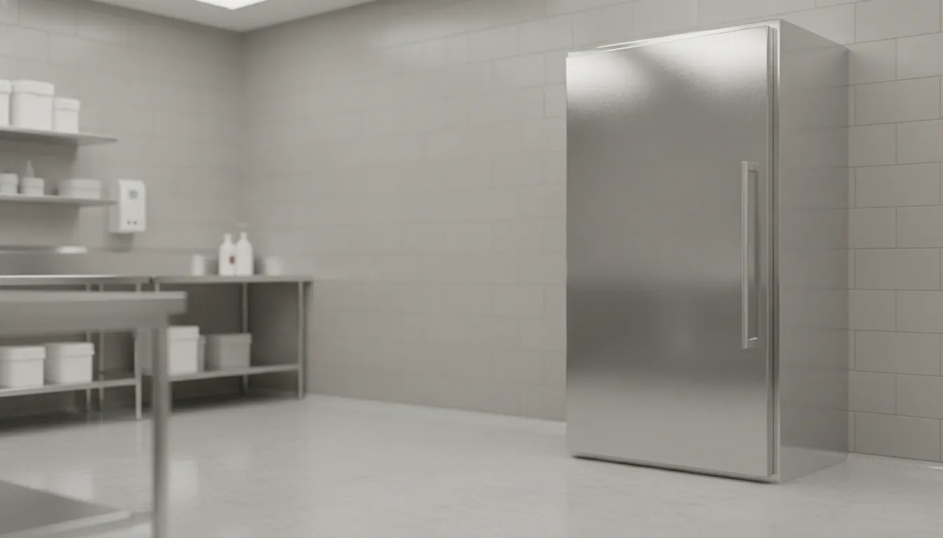 Closed upright cooler door with open floor space in front of it