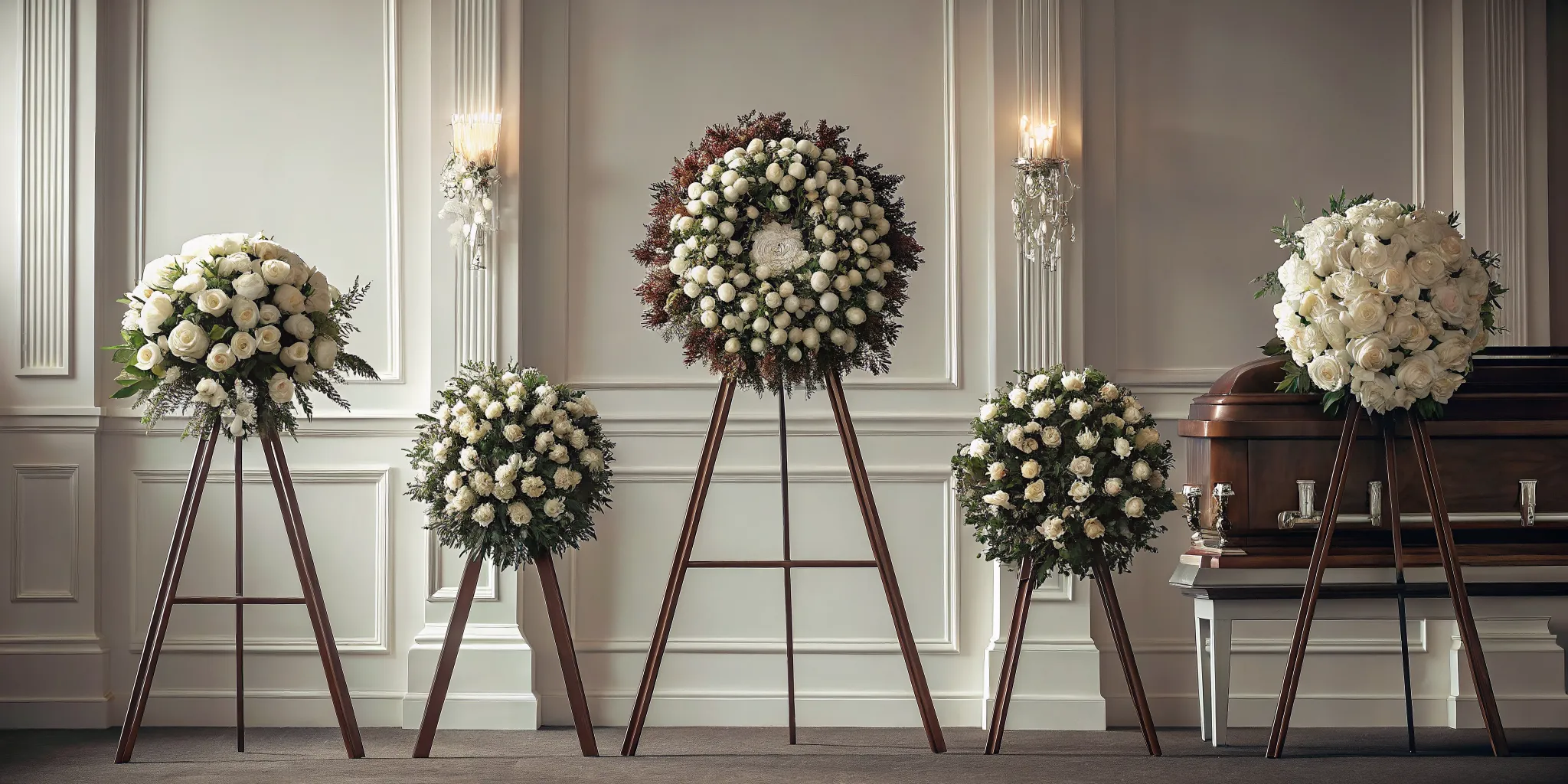 Funeral flower stands positioned to preserve a clear chapel aisle