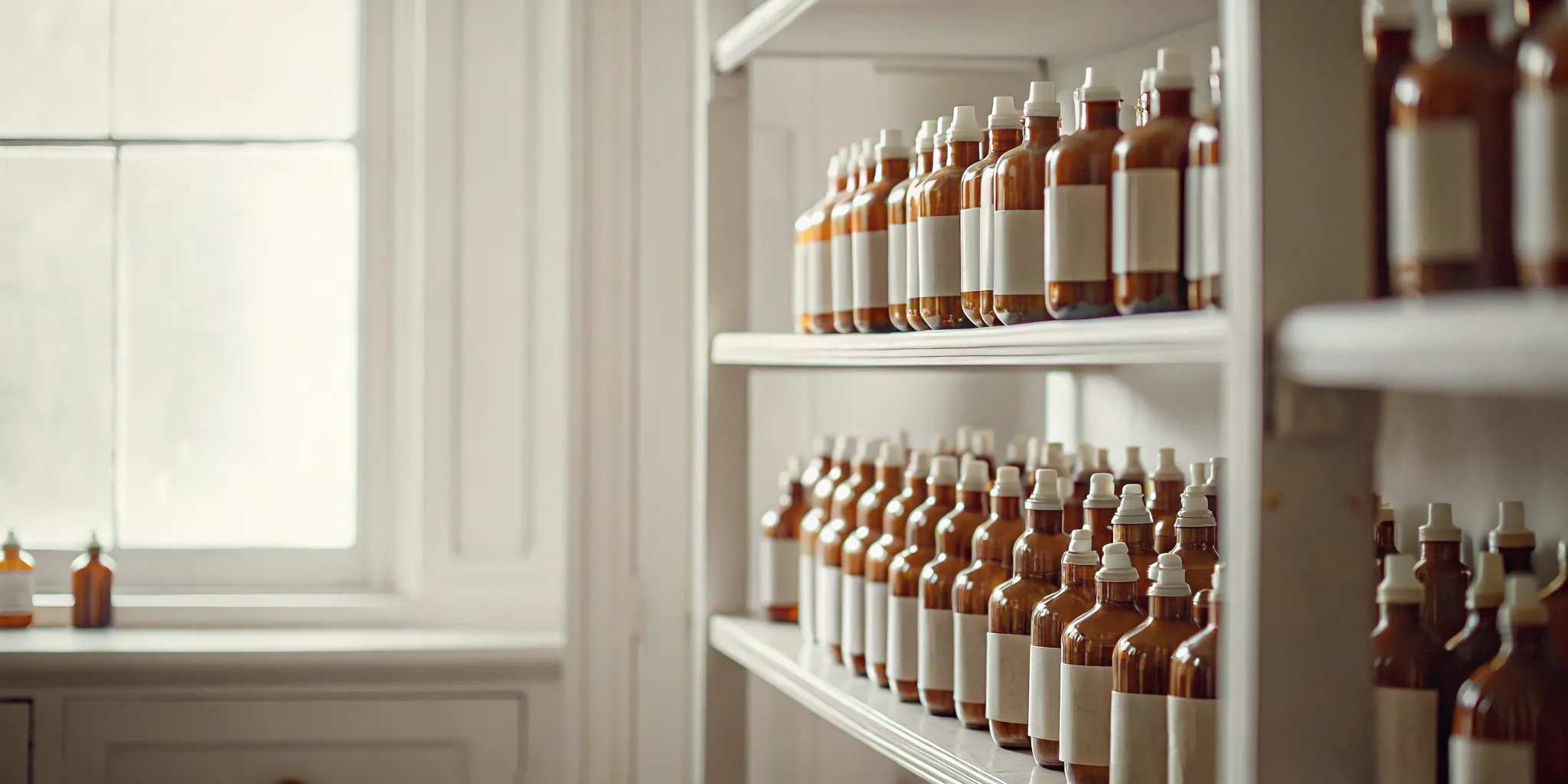 Embalming fluid bottles organized by index strength on prep room shelves, showing high-index and low-index options
