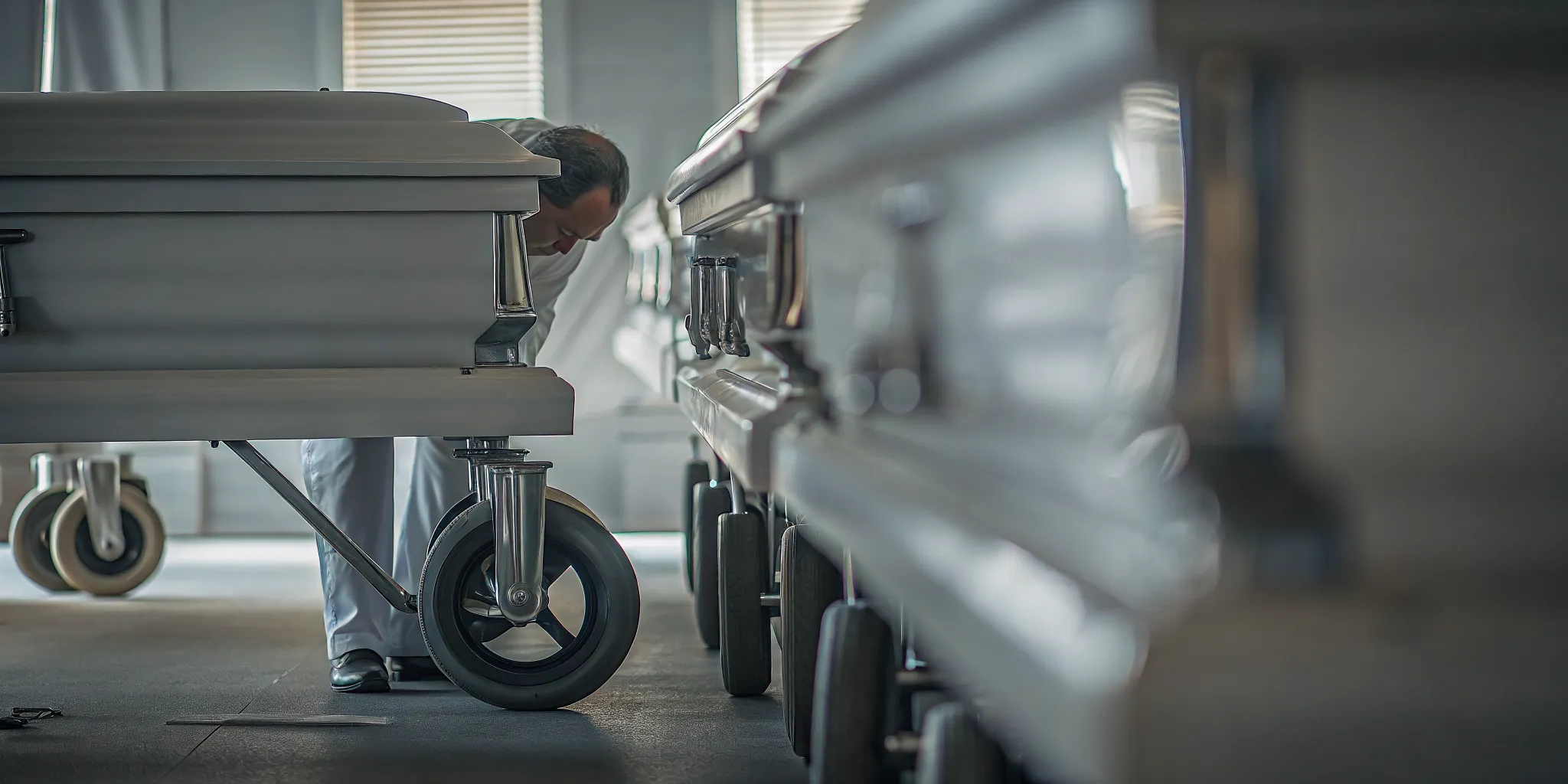 Funeral equipment specialist inspecting a casket bier caster and wheel lock