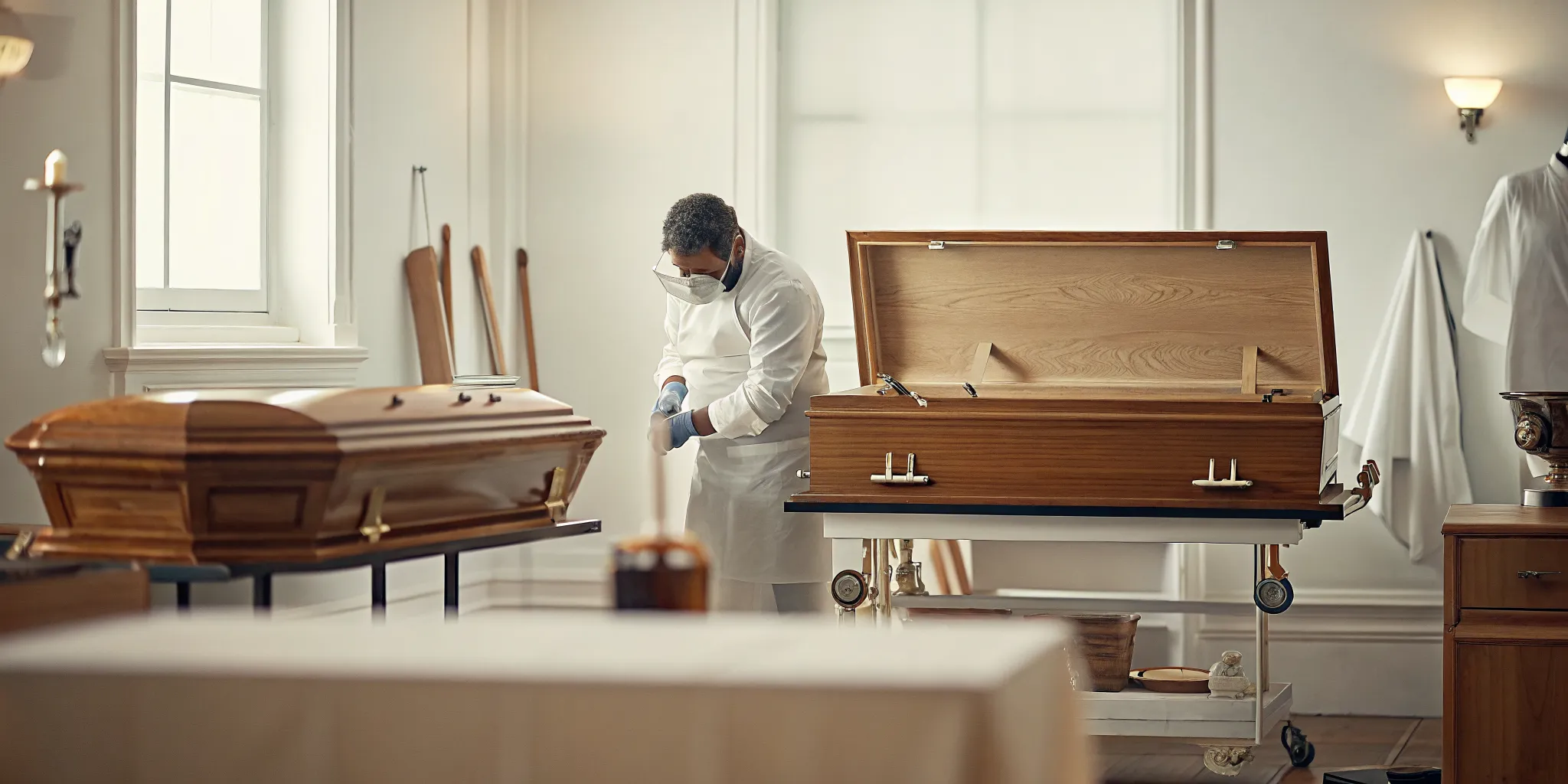 Preparation-room technician performing an embalming machine maintenance inspection