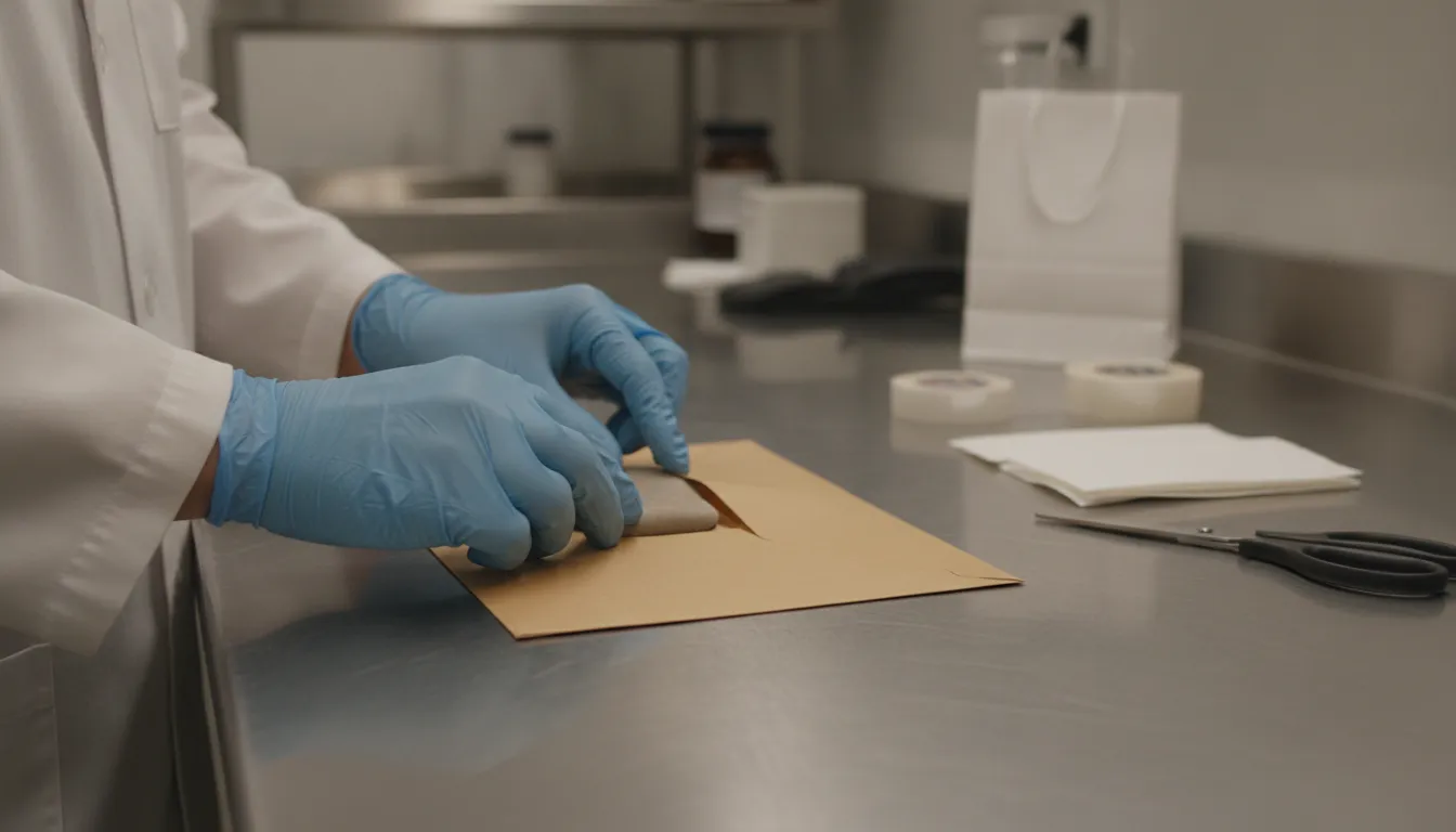 Forensic staff placing an item into plain evidence packaging