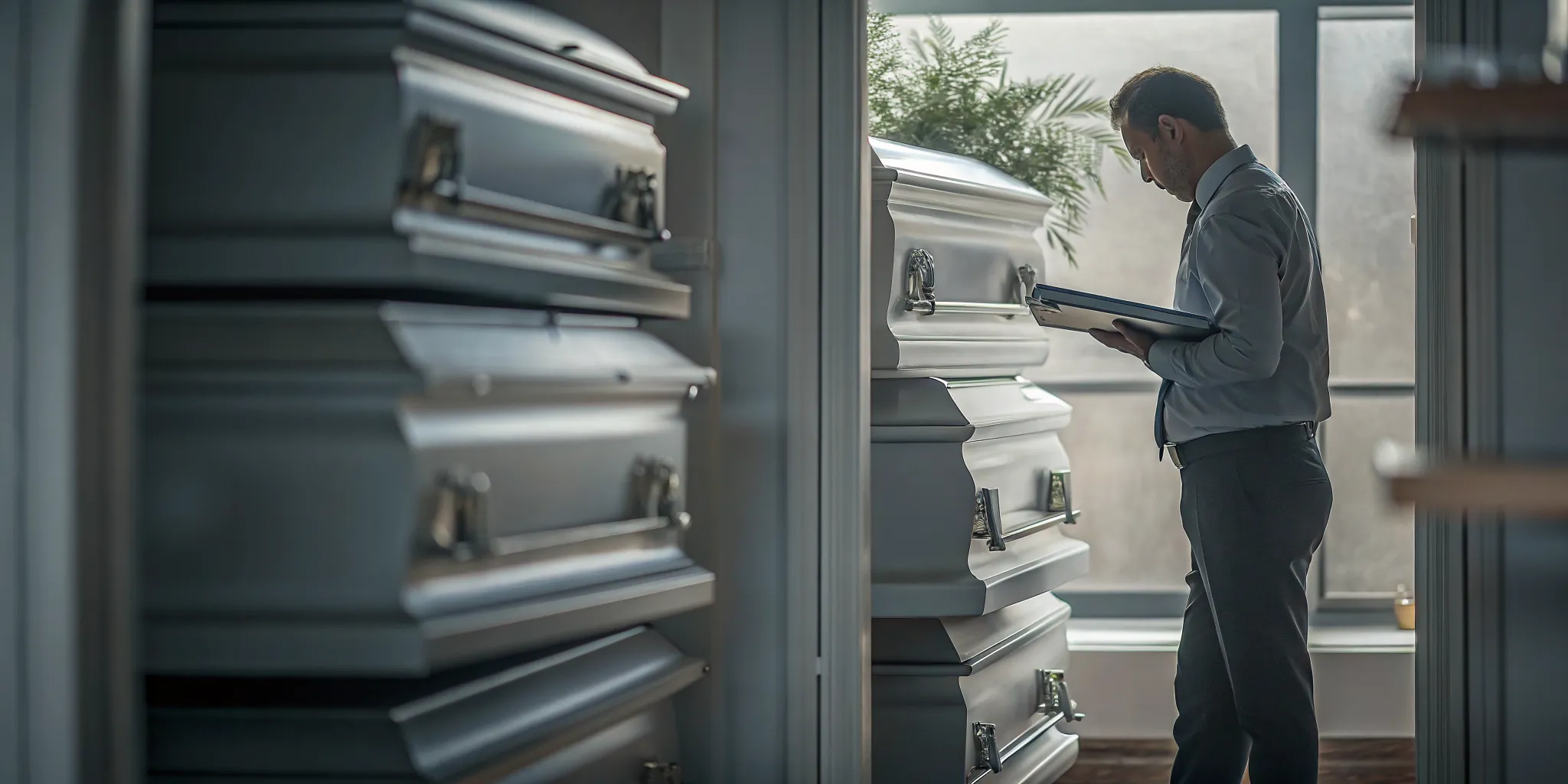Funeral home manager planning wholesale funeral supplies purchases