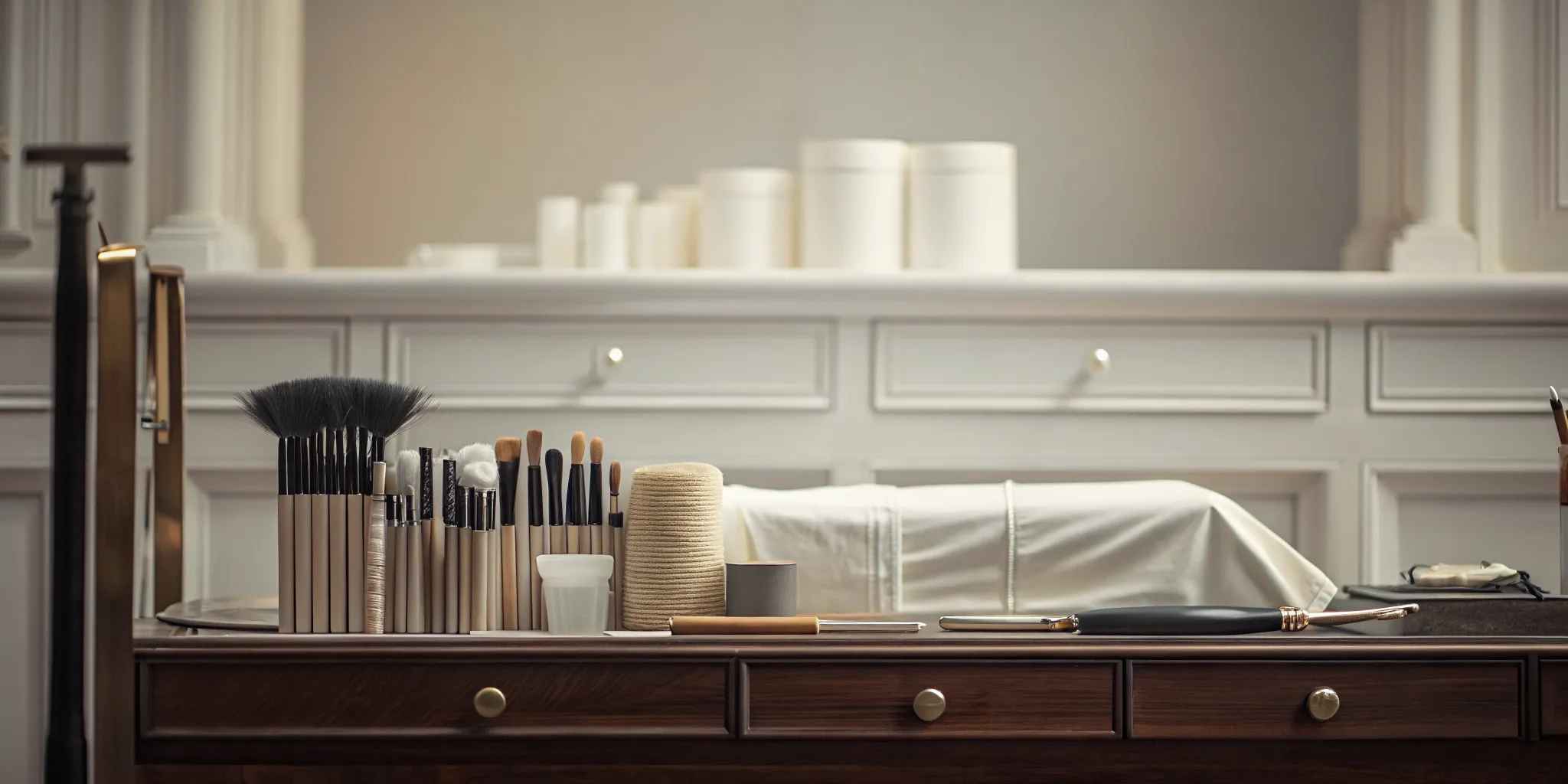 Restorative mortuary cosmetics, brushes, wax tools, and mixing palettes