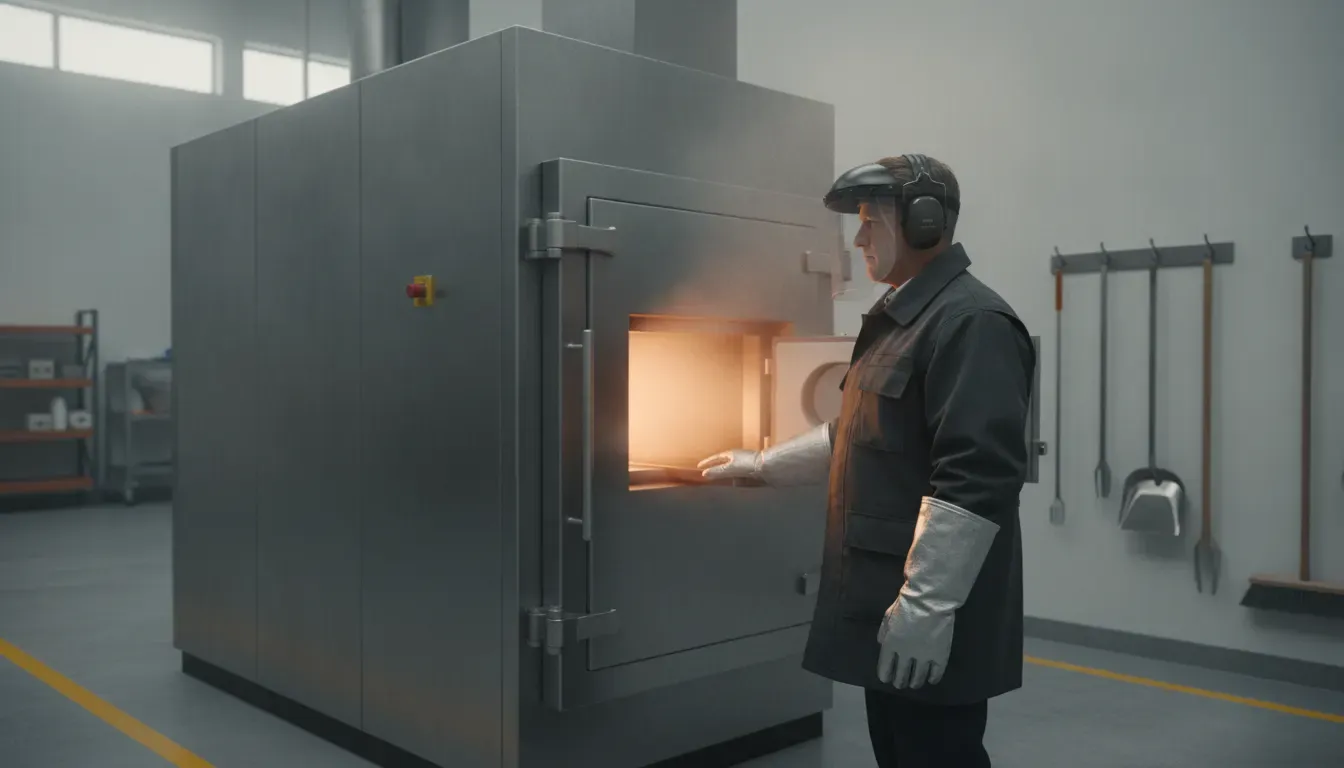 Crematory operator using heat-resistant protective equipment near a chamber