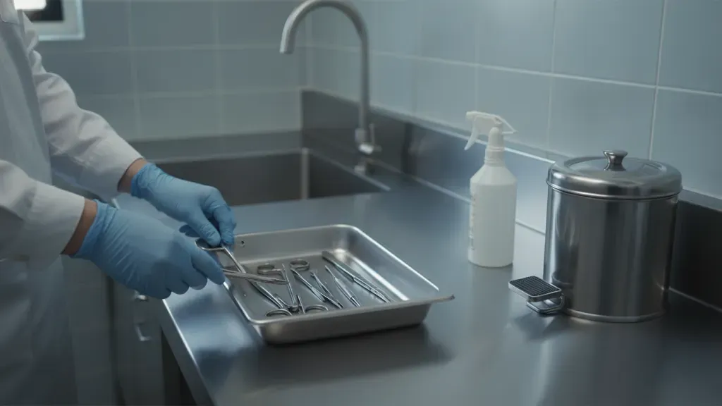 Gloved professional organizing cleaned embalming tools beside a preparation-room sink